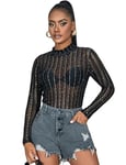 ohyeahlady Bodys Femme Sexy Chic Body dentelle Manches LonguesTenue Coquine Hot Top Dentelle Transparent Noir Mesh Leotard T-Shirt Club Chemisier Teddy Blouse Sheer Tulle Tunique Haut(Noir,L)