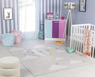 Surya Montgolfière et Nuages Tapis Chambre Enfant Gris, Bleu et Ivoire - Tapis Enfant Poil Court Coloré et Doux pour Chambres à Coucher, Salle de Jeu - Tapis Chambre Fille, Garçon, Bébé - 80x150cm