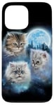 Coque pour iPhone 13 Pro Max Trois chats mignons engloutis dans les nuages de galaxie sous la lune glacée