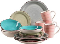 MÄSER 931499 Bel Tempo II Service de table vintage 16 pièces pour 4 personnes en céramique peinte à la main Multicolore Grès Bleu fumé/turquoise/vert/rose