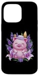 Coque pour iPhone 14 Pro Max Cochon en style dessin animé kawaii avec lavande et lys