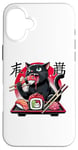 Coque pour iPhone 16 Plus Chat noir mangeant des sushis Anime drôle chat amateur de sushi