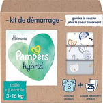 Pampers Harmonie Hybrid, Kit de Démarrage, 3 Couches Lavables + 25 Cœurs de Protection Jetables, Absorption Normale, Protège la Peau Sensible des Bébés, Avec Ingrédients d’Origine Végétale, 0% Parfum