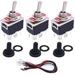 Taiss/3 Pcs Rocker Toggle Switch Heavy Duty 6 Pin 2 Position ON/ON DPDT 16A 250VAC Spade Terminal Metal Bat Switch with Waterproof Boot Cap and 6.3mm Terminal Wires TEN-1321MX-B202