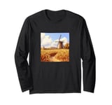 Wheat Fields With Windmills Landscape Vintage Graphic Long Sleeve T-Shirt