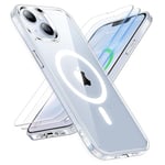 ORETECH Coque pour iPhone 14/Coque pour iPhone 13 avec [2 Verre Trempé Protection écran] Dos Anti Rayures Coque Magnétique pour iPhone 14 Coque Mag-Safe iPhone 13 Case 6.1 Pouces,Transparent