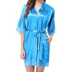 GROPC Robe De Chambre Satin Femme,Saint Valentin Lingerie Sexy Soie Soie Cils Dentelle Babydoll Robe Robe Peignoir Kimono Chemises Vêtements De Nuit Homewear avec G-String,Bleu,XL