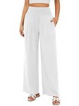 Famulily White Linen Trousers for Ladies Women Loose Smocked High Rise Palazzo Linen Pants with Pockets S