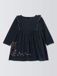 John Lewis Baby Embroidered Bunny and Leaf Cotton Dress, Navy