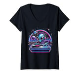 Womens Retro Alien Party Disco DJ Mixing at the Dance Music Decks V-Neck T-Shirt