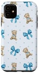 Coque pour iPhone 11 Ruban bleu avec motif à pois et ours en peluche mignons