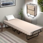 COSTWAY Lit Pliant 1 Personne Adulte 80 x 190 cm avec Matelas Orthopédique en Mémoire 6,5 cm, Charge 130 kg, Lit d’Appoint Pliable à 4 roulettes et Sommier à 15 Lattes de Bois pour invité, Beige