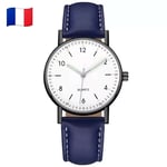 Montre Femme bleu marine blanche Quartz Analogique Bracelet Cuir phosphorescent