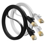 MutecPower 2m 2 Pack ULTRA FLAT Cat 7 Ethernet Network Cable with RJ45 plugs - SSTP - 600MHz - 2 meter Black and White with Cable ties & clips