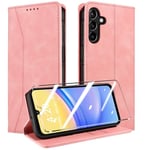 QHOHQ Coque pour Samsung Galaxy A15 4G/5G +Protection écran, [RFID Blocage], Etui Protection Housse Premium en Cuir PU, [Emplacements Cartes] Magnétique Flip Case, Anti-Vibration (Fantaisie) - Rose