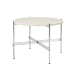 Gubi - TS Coffee Table - Round, Ø55 Polished Steel Base, Table Top Neutral White Travertine - Sidobord - GamFratesi - Vit - Metall/Sten