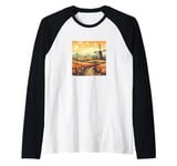 Whet Fields With Windmills Vintage Landscape Graphic Raglan Baseball Tee