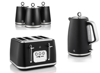 Swan Serenity Black Kettle 4 Slice Toaster & Set of 3 Canisters Matching Set