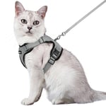 rabbitgoo Harnais Chat Anti évasion avec Laisse Gris M, Harnais Chaton Petit Chien Réglable, Collier Harnais et Laisses pour Chat Refléchissant Attache Dessus Gilet Respirant pour Lapin Chat Chiot