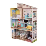 Olivia's Little World Dreamland Mediterranean 3-Story Wooden Doll House with Skylight and 17-pc Accessory Set for 12" Dolls, Pink/Brown