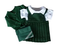 FRILLY LILY MEDIUM DOLLS SCHOOL UNIFORM 18-20 INS [45-50 CM ] GREEN PINAFORE, WHITE BLOUSE, GREEN CARDY GREEN BOOK BAG