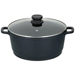 Cast Aluminium Casserole Dish with Glass Lid, Induction Safe with Teflon Coating for Soup, Stew, Casserole with Lid, Oven Safe, Black (20cm)