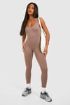 Womens Contour Seamless Rib Scoop Neck Unitard Jumpsuit - Beige - S, Beige