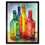 Coloured Glass Cider Bottles Still Life Watercolour Painting Art Print Framed Poster Wall Decor 12x16 inch