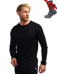 Chemise Homme Manches Longues en Laine Mérinos 100% - Chaud Merino Haut Thermique Homme + Chaussettes de randonnée en Laine mérinos (XX-Large, Black 250)