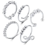 Ring Finger 5 Pack Damjusterbart ångestdämpande ring med pärlor Vridbar ring Silver