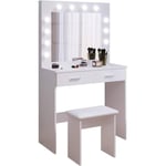 Coiffeuse avec Miroir et Tabouret led, Hollywood Style Table de Maquillage avec 2 Grands tiroirs, 80x40x140cm, Blanc - Joolihome Living