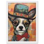 Chihuahua Dog Top Hat and Bowtie Modern Folk Art Artwork Framed Wall Art Print A4