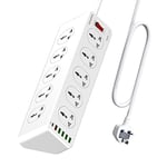 10 Way Extension Lead with USB Slots, 10 Gang Power Strip with 6USB(1 Type C + 5 USBA), Surge Protection Extension Cable, Extension Cord 2 Meter for Home Office, White