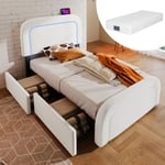 Lit simple rembourré 90 x 200 cm avec fonction de chargement usb Type c, éclairage led et 2 tiroirs, sommier à lattes en bois, blanc, matelas inclus