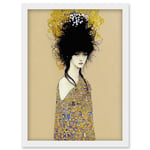 Woman in Klimt Style Dress Gold Black Painting Artwork Framed Wall Art Print A4