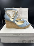 JIMMY CHOO Alanah 80 Blue Leather Wedge Heel Sandals Strappy Uk 5 Eu 38 Rrp £495