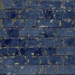 Dark Navy Midnight Blue Metallic Gold Brick Stone Feature Rustic Wallpaper 3D