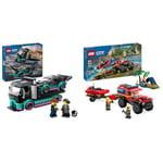 LEGO City La Voiture de Course et Le Camion de Transport de Voitures, Jeu de Construction & City Le Camion de Pompiers 4x4 et Le Canot de Sauvetage, Jouet pour Garçons et Filles Dès 5 Ans