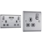 BG Electrical Double Switched Fast Charging Power Socket with Two USB Charging Ports, 13 A, Brushed Steel with Grey Inserts & Electrical Single Switched Power Socket, Brushed Steel, 13 Amp