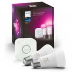 Philips Hue E27 Starter Kit 2 Smart Bulb And Bridge Colour Ambiance 1100 Lumen