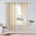 DWCN Lot de 2 Rideaux Voilages à Oeillets pour Fenêtre, Rideau Transparents avec Embrasses pour Salon Chambre d'enfant, Beige, 132x160cm (Largeur x Hauteur)