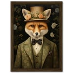 Artery8 Fox in Floral Victorian Suit and Top Hat Surrealism Artwork Green Orange Woodland Gentleman Artwork Framed A3 Wall Art Print