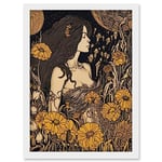 Artery8 Woman in Flower Field Midsummer Night Illustration Artwork Framed Wall Art Print A4