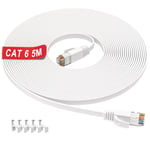 Cable Ethernet 5m Cat 6, Intérieur Cable RJ45 5m Plat Câble Réseau Haut Débit 1000Mbps 250MHz, Blanc UTP Cable Internet 5 mètres Gigabit Cable LAN pour Routeur Modem Switch PS5/4 Xbox PC (5 Clips)