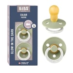 BIBS Colour Night Glow in The Dark Soother 2-Pack, BPA Free Dummy Pacifier, Round Nipple. Natural Rubber Latex, Made in Denmark, Size 3 (18+ Months), Sage Glow