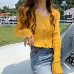 HKVML Women V-Neck Knitted Casual Ruched Short Sweaters Cardigans Lady Knitting Soft Thin Summer Cardigan Outwear for Female,yellow,One Size