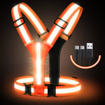 LED-reflexväst, USB-laddningsbar, justerbar midja/axel - Orange