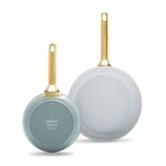 Greenpan Padova Hard Anodized Healthy Ceramic Nonstick, 2-Piece Frying Pan Skillet Set, 26 cm and 30 cm, PFAS-Free, Induction, Gold Handle, Oven Safe, Light Blue