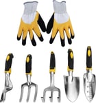 Outils de Jardinage avec Pelle, Transplantoir, Sarcloir, Binette, Fourche, Gants de Jardinage (Jaune - 6PCS)