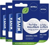NIVEA Lip Balm Original Care Pack of 4 (4 x 4.8g) Protective Lip Moisturiser wi